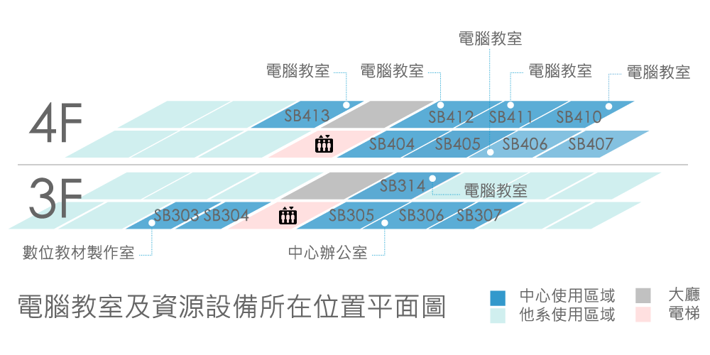 圖資處3F及4F電腦教室及設備資源所在位置平面圖